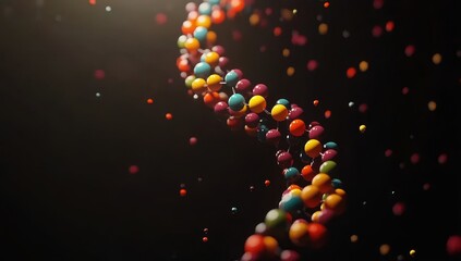 Colorful DNA double helix structure with particles floating in dark background.