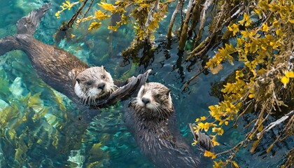 Playful Sea Otters Floating Among the Kelp Forest in Crystal Clear Waters