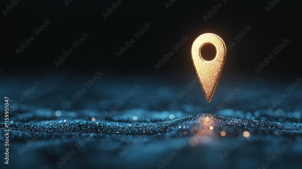 Poster a glowing location pin hovers above a shimmering surface, symbolizing navigation and digital mapping