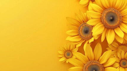 A joyful cluster of yellow sunflowers with bold, sunny faces and golden petals, on a warm mustard yellow background that radiates warmth and happiness