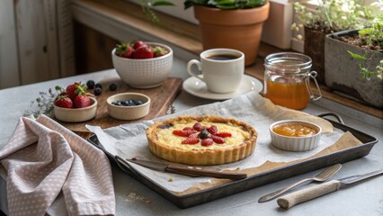 Cozy Breakfast Setting with Rice Tart and Fresh Fruits