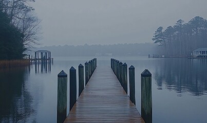 Fototapeta premium Misty morning pier extending over calm water.