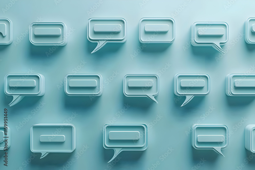 Poster abstract background of light blue speech bubbles arranged in a grid pattern, representing communicat