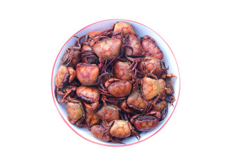 Boiled Thai crabs on dish, isolated on white background. Concept, Weird food. Edible animal. Local eating style in the northern of Thailand that villagers catch crabs from paddy field to cook. 