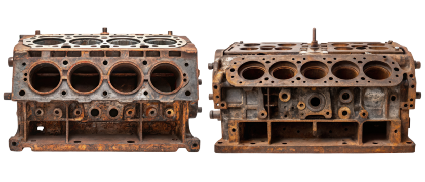Two rusty engine blocks isolated with transparent background - Powered by Adobe