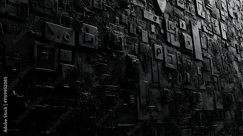 Poster abstract dark monochrome textured wall with embossed geometric shapes and symbols, creating a comple