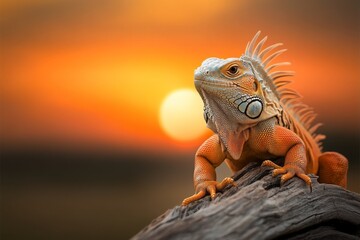Obraz premium A dramatic image of an iguana silhouetted against a fiery sunset, perched on a tree branch