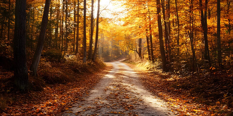 Obraz premium Scenic Autumn Forest Path with Vibrant Foliage and Sunlit Leaves : Generative AI