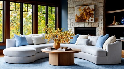 Modern curved sectional sofa in living room with fireplace and autumnal decor.