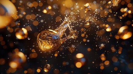 Golden liquid sphere splashing, bokeh background.