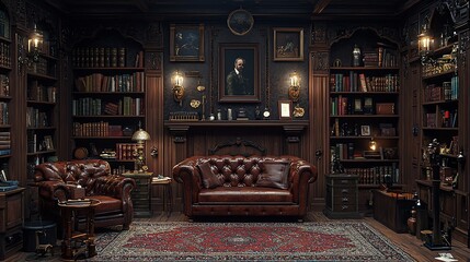 Luxurious vintage study with leather sofa, bookshelves, and ornate fireplace.