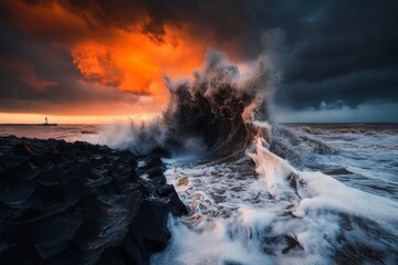 Fototapeta premium A dramatic stormy sky over IJmuiden pier, with waves crashing against the rocks and the lighthouse in the distance