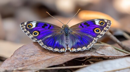 Obraz premium Vibrant purple butterfly on brown leaves.