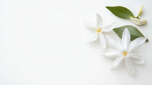 A serene white jasmine blossom with delicate, star-shaped flowers, on a pure white background