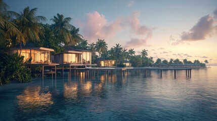 Obraz premium Luxurious overwater bungalows at sunset on tropical island.