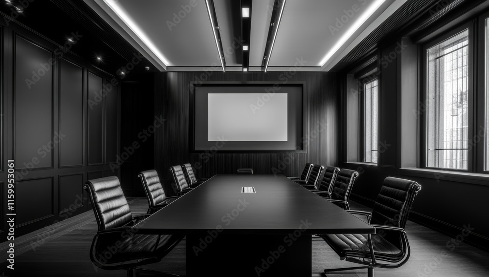 Poster modern dark conference room with large table and projector screen.