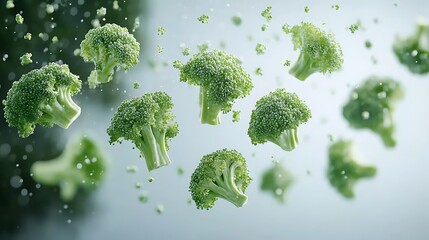 Floating broccoli bunches kitchen food photography indoor close-up