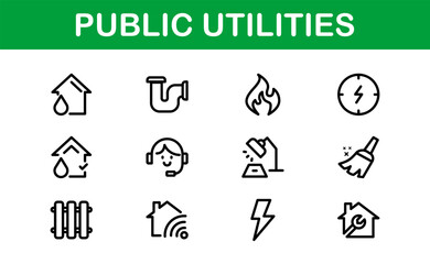 Public Utilities Icon Pack. Clean, Editable Line Icons for Energy, Water Supply, Waste Management, and Urban Infrastructure