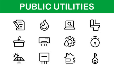 Public Utilities Icon Pack. Clean, Editable Line Icons for Energy, Water Supply, Waste Management, and Urban Infrastructure