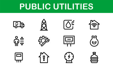 Public Utilities Icon Pack. Clean, Editable Line Icons for Energy, Water Supply, Waste Management, and Urban Infrastructure