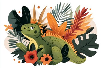 Fototapeta premium A flat 2D graphic of an iguana sunbathing, with vibrant green tones and playful cartoon features