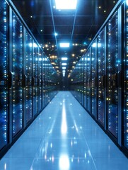 Modern Data Center Aisle with BlueTinted Server Racks and Overhead Lighting : Generative AI