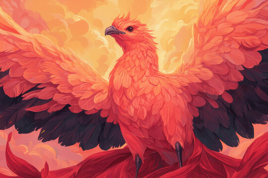 radiant phoenix rises from glowing red silk fabric, wings spread wide