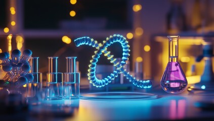 Glowing DNA helix in a science lab setting with beakers and test tubes.
