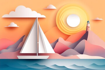 A flat design of the IJsselmeer shoreline with a lighthouse and calm waters, featuring clean geometric shapes and muted tones