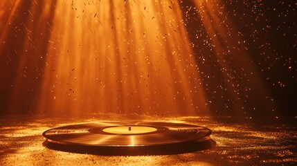 Golden vinyl record in spotlight with falling particles.
