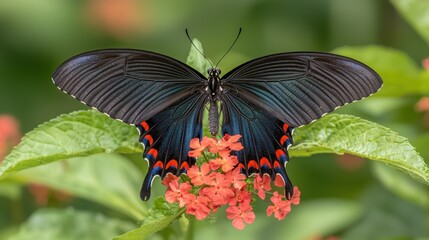Magnificent dark butterfly with red and blue accents perched on orange flowers.