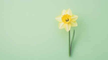 A single cheerful yellow daffodil against a pastel green background, close-up shot, Minimalist style © ArpPSIqee