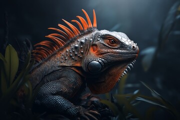 Obraz premium A futuristic iguana with metallic scales and glowing neon spines, perched on a robotic tree in a high-tech jungle