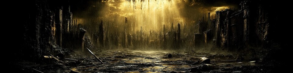 Enchanting Mystical Forest with Golden Sunlight and Foggy Atmosphere, Dreamlike Woodland Scene, Sunlit Trees Reflected in Tranquil Waters, Serene Natural Beauty