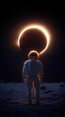 Naklejka premium Astronaut standing on a lunar surface, facing a glowing solar eclipse with radiant light against a starry sky.