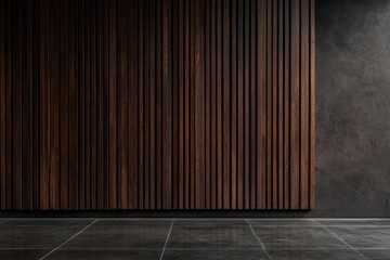 Dark wood slat wall with dark grey concrete and floor.