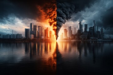 A global warming infographic illustrating rising temperatures over decades, with dramatic visuals and a call to action