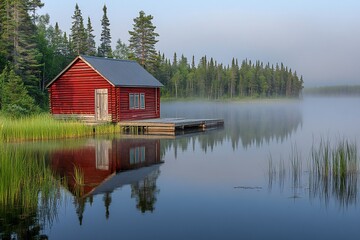 Obraz premium Red cabin reflected in calm lake at dawn.