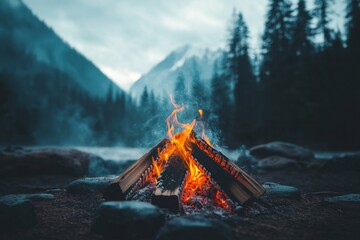 A glowing campfire in a dark forest, with the first flames igniting dry kindling and smoke curling upward