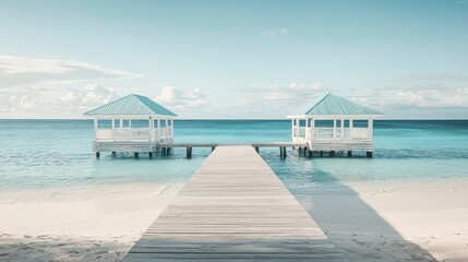 Obraz premium Wooden pier leads to two white beach pavilions on tranquil turquoise ocean.