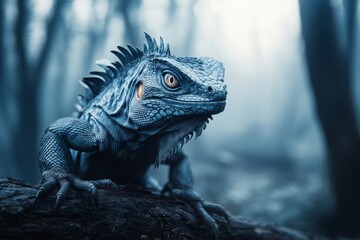 Fototapeta premium A gothic depiction of an iguana on a shadowy branch, surrounded by dark, eerie forest scenery