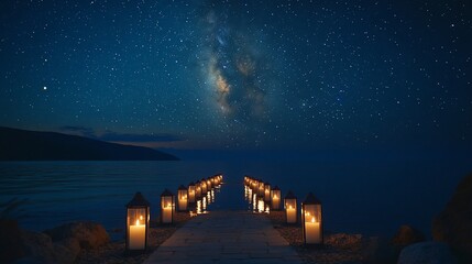 Romantic pier lit by candles at night under the Milky Way.