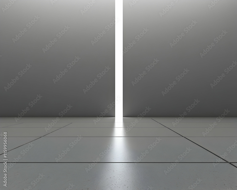 Poster abstract grayscale image of a bright light emanating from a gap between two walls onto a tiled floor