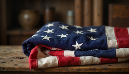 Folded American flag on rustic wooden table