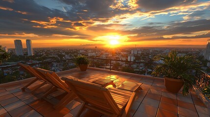 Rooftop sunset view with city skyline and lounge chairs.