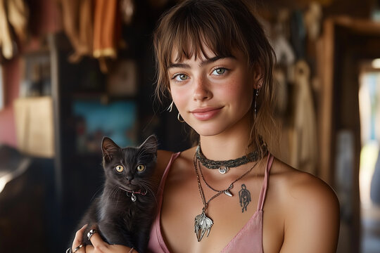 Jeune femme boh&ecirc;me, un chaton noir dans les mains 