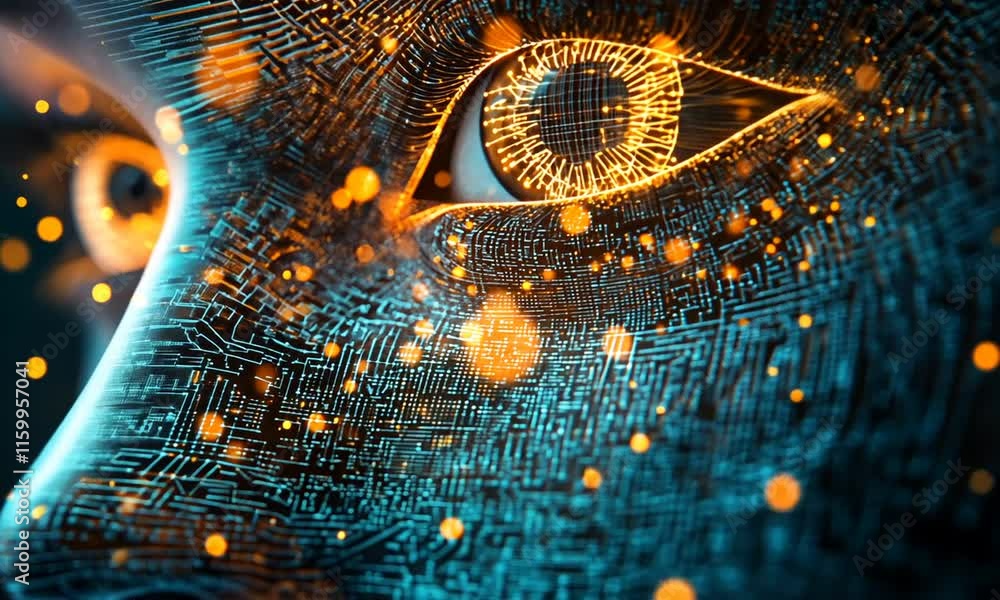 Poster futuristic digital face with glowing eyes and circuit-like patterns.