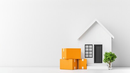 A modern house model with neatly stacked delivery boxes and decorative trees, ideal for logistics, real estate, or home delivery concepts.  