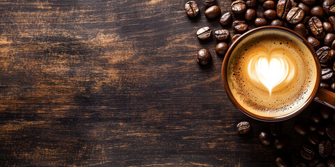 Artistic Heart-Shaped Latte Coffee on Rustic Wooden Table with Coffee Beans : Generative AI