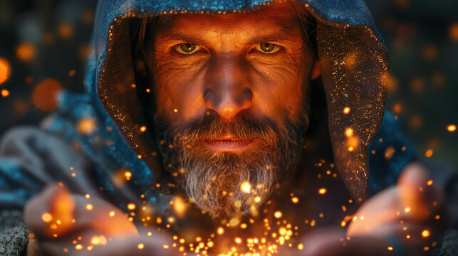 Elderly caucasian male enchanter gazing at magical sparks in hands